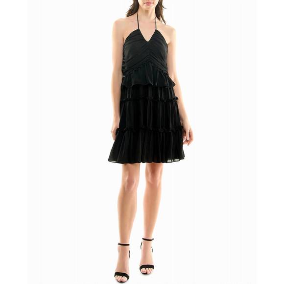 NEW NICOLE MILLER presley chiffon tiered halter dress in very black